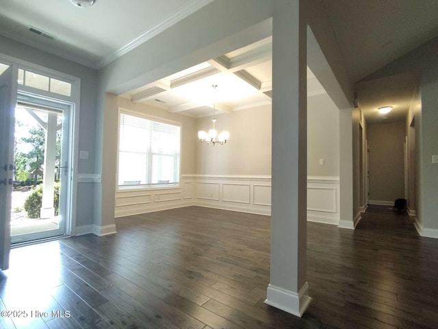 112 Schever Rd, West End, NC 27376 - unfurnished living room with a chandelier, dark wood-style flooring, coffered ceiling, crown molding, and beam ceiling