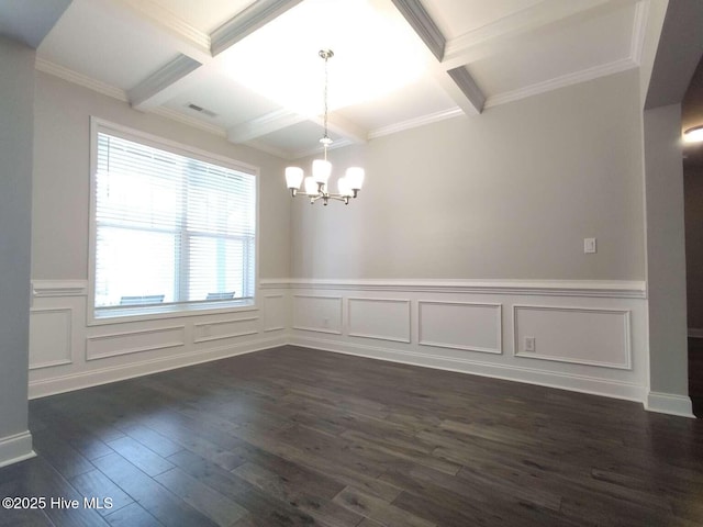 112 Schever Rd, West End, NC 27376 - unfurnished dining area with coffered ceiling, a chandelier, dark wood-style floors, beamed ceiling, and ornamental molding