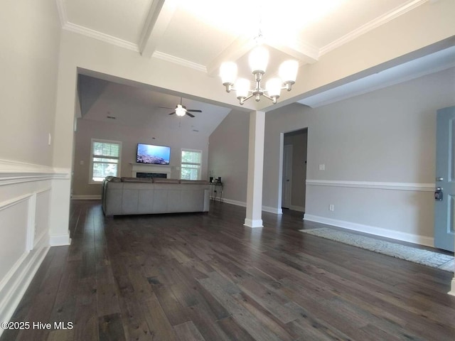112 Schever Rd, West End, NC 27376 - unfurnished living room with a chandelier, ceiling fan, dark wood-style floors, ornamental molding, and baseboards