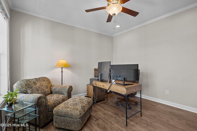 office space with baseboards, a ceiling fan, wood finished floors, recessed lighting, and crown molding