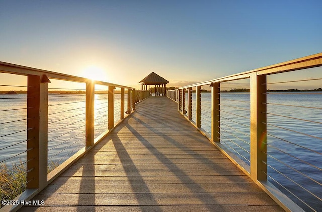 dock area featuring a water view and a gazebo