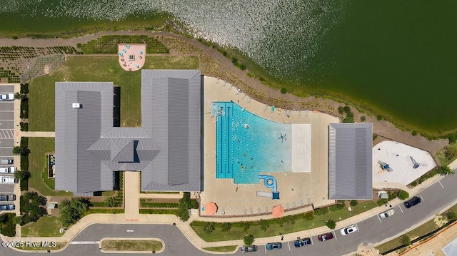 aerial view of a pool area