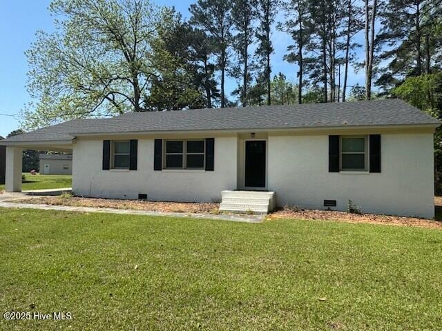 205 Mulberry St, Winton, NC 27986 - ranch-style house featuring crawl space, a shingled roof, a front yard, and stucco siding