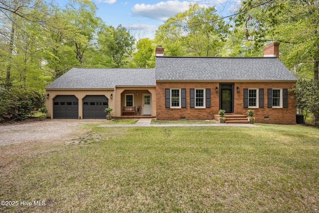 ranch-style house featuring an attached garage, driveway, a chimney, and roof with shingles
