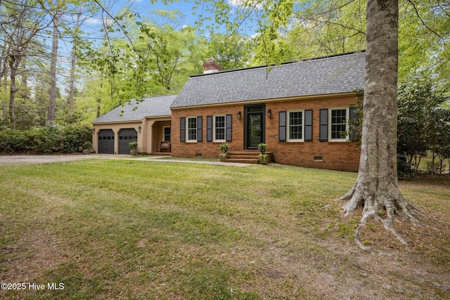 ranch-style home featuring crawl space, a front yard, a garage, brick siding, and a shingled roof