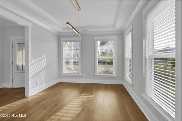 4434 Old Towne St, Wilmington, NC 28412 - unfurnished dining area with a tray ceiling, wood finished floors, baseboards, and crown molding