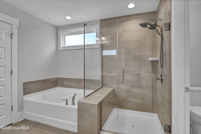 4434 Old Towne St, Wilmington, NC 28412 - full bath featuring a stall shower, a garden tub, toilet, recessed lighting, and tile patterned flooring