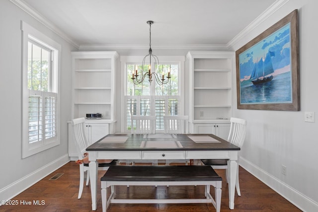 6460 Carrick Bend Trl SW, Ocean Isle Beach, NC 28469 - dining space featuring a chandelier, plenty of natural light, crown molding, and dark wood-style floors