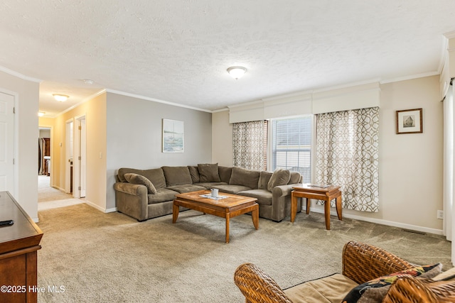 living area with ornamental molding, a wealth of natural light, and light colored carpet