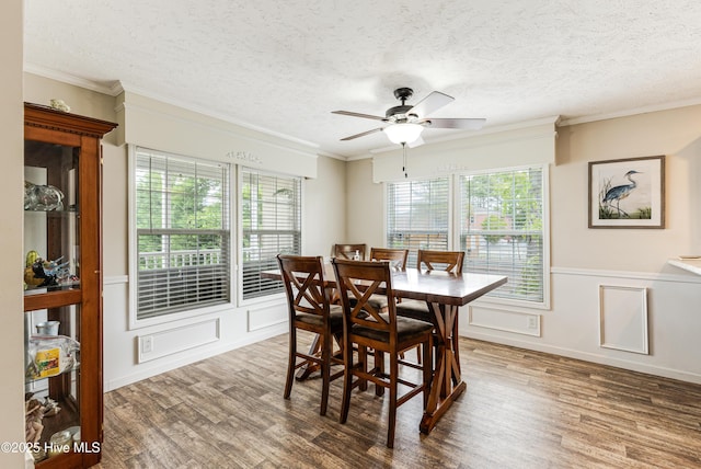 dining space featuring a textured ceiling, ceiling fan, wood finished floors, and a healthy amount of sunlight