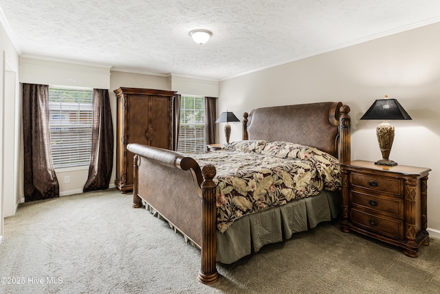 bedroom featuring light carpet, multiple windows, and crown molding