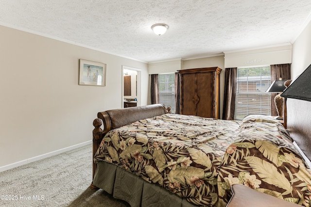 carpeted bedroom featuring baseboards, ornamental molding, and a textured ceiling