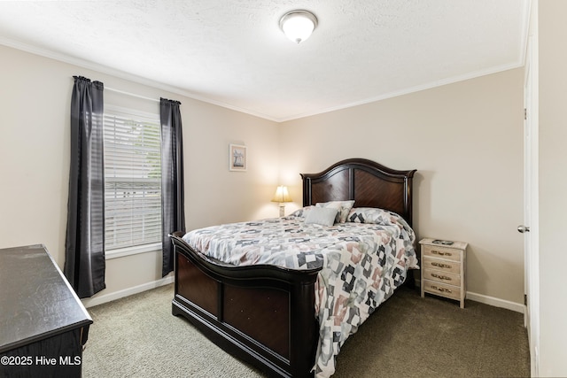 carpeted bedroom with baseboards and ornamental molding