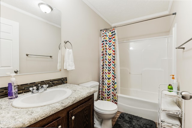 bathroom featuring tasteful backsplash, toilet, vanity, shower / tub combo with curtain, and crown molding