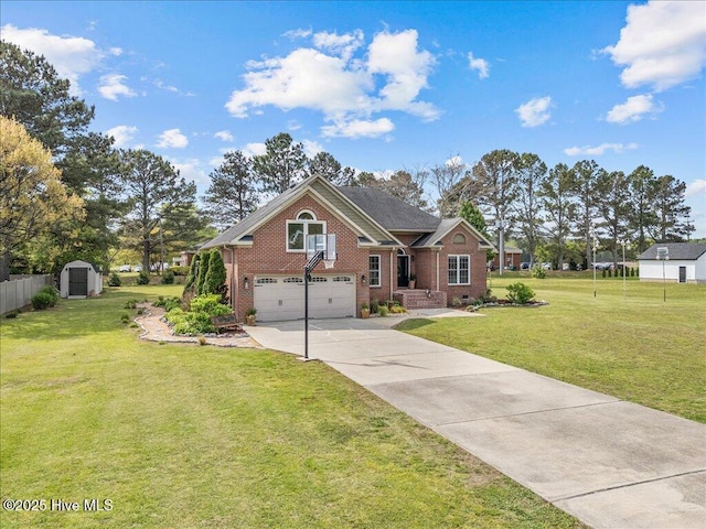 view of front facade featuring driveway, a storage shed, an attached garage, brick siding, and a front yard