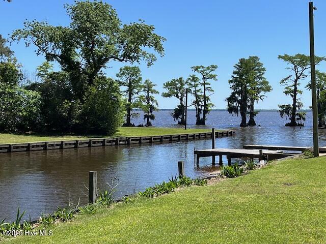 dock area featuring a water view and a yard