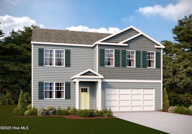 view of front of property with concrete driveway, an attached garage, and a front yard