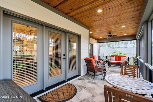 100 Holly Springs Ct, Southern Pines, NC 28387 - sunroom / solarium with wood ceiling, a ceiling fan, french doors, and recessed lighting