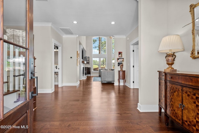 100 Holly Springs Ct, Southern Pines, NC 28387 - foyer entrance featuring visible vents, recessed lighting, crown molding, dark wood-style floors, and baseboards