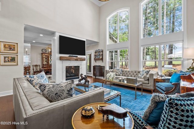 100 Holly Springs Ct, Southern Pines, NC 28387 - living area with baseboards, ornamental molding, a high ceiling, and wood finished floors