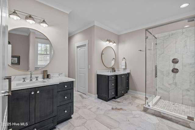 100 Holly Springs Ct, Southern Pines, NC 28387 - full bathroom featuring a shower stall, two vanities, and a sink