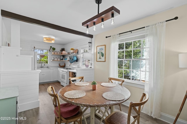 dining room featuring wood finished floors and baseboards