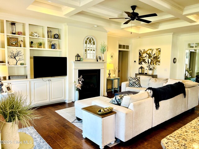 2208 Drawing Ct, Wilmington, NC 28412 - living room featuring coffered ceiling, crown molding, beam ceiling, dark wood-style floors, and a ceiling fan