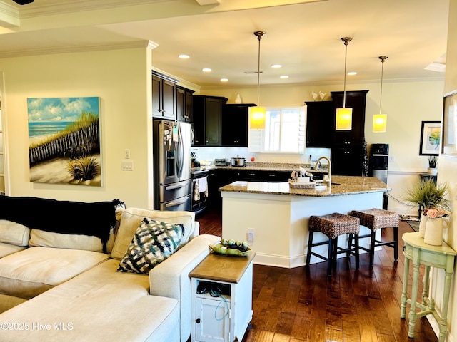 2208 Drawing Ct, Wilmington, NC 28412 - kitchen featuring stainless steel refrigerator with ice dispenser, ornamental molding, dark wood-style flooring, a kitchen bar, and light stone counters