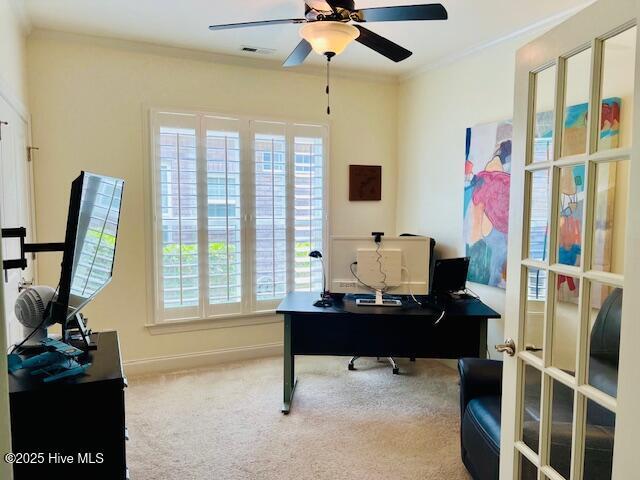 2208 Drawing Ct, Wilmington, NC 28412 - home office with ceiling fan, crown molding, and carpet flooring