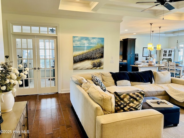 2208 Drawing Ct, Wilmington, NC 28412 - living room featuring ornamental molding, dark wood finished floors, coffered ceiling, ceiling fan, and french doors