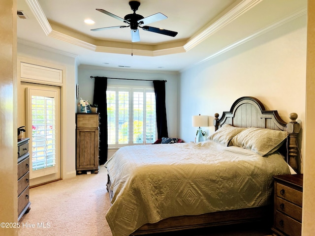 2208 Drawing Ct, Wilmington, NC 28412 - bedroom featuring a raised ceiling, carpet floors, multiple windows, crown molding, and access to exterior