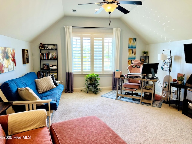 2208 Drawing Ct, Wilmington, NC 28412 - office featuring lofted ceiling, a ceiling fan, and carpet flooring