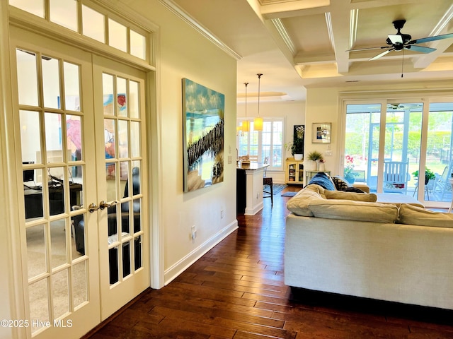 2208 Drawing Ct, Wilmington, NC 28412 - living area with french doors, coffered ceiling, dark wood-type flooring, a ceiling fan, and crown molding