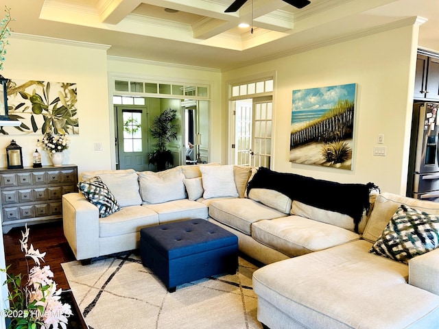 2208 Drawing Ct, Wilmington, NC 28412 - living area featuring ornamental molding, coffered ceiling, beam ceiling, a ceiling fan, and wood finished floors
