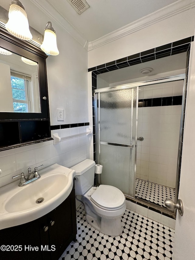 119 Emperor Landing Rd, Edenton, NC 27932 - full bathroom featuring a shower stall, visible vents, toilet, and ornamental molding