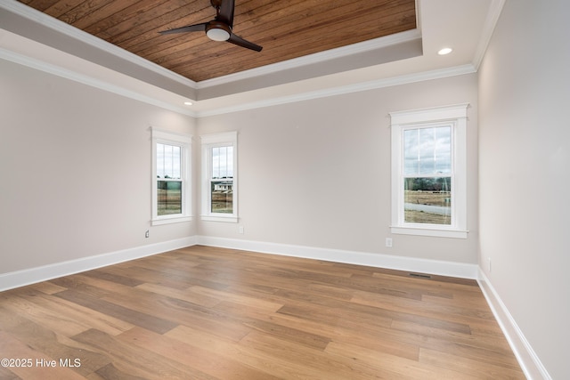 unfurnished room with ceiling fan, wooden ceiling, a tray ceiling, and light wood-style flooring