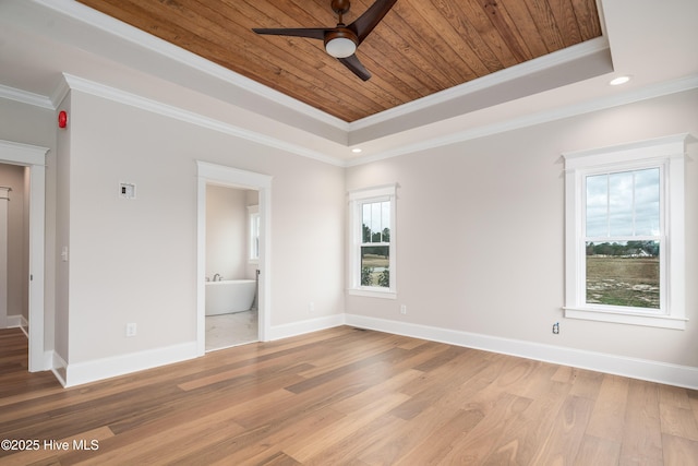 spare room with ceiling fan, wooden ceiling, a tray ceiling, and light wood-style floors