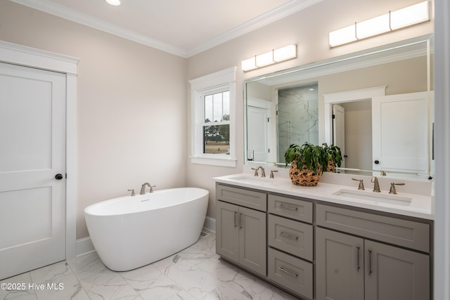 bathroom with marble finish floor, a marble finish shower, and a sink