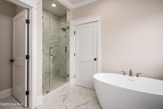 full bath featuring a marble finish shower, baseboards, recessed lighting, marble finish floor, and ornamental molding