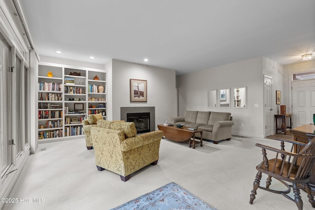 8 Driving Range Rd, Pinehurst, NC 28374 - carpeted living room featuring a tiled fireplace, recessed lighting, and baseboards
