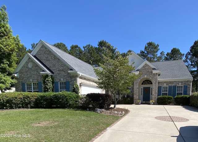 7473 Balmore Dr SW, Sunset Beach, NC 28468 - traditional-style house with a front lawn, brick siding, a garage, roof with shingles, and driveway