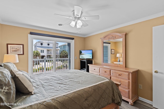2714 W Beach Dr # 104, Oak Island, NC 28465 - bedroom with wood finished floors, ceiling fan, access to outside, baseboards, and ornamental molding