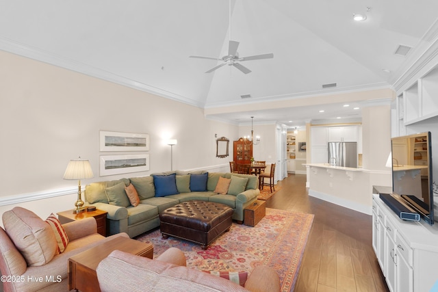 2537 St James Dr SE Apt 1003, Southport, NC 28461 - living area with visible vents, recessed lighting, wood finished floors, ceiling fan, and high vaulted ceiling