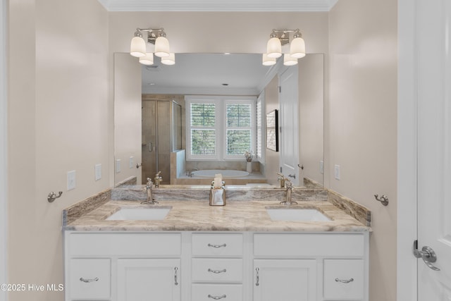 2537 St James Dr SE Apt 1003, Southport, NC 28461 - full bathroom with a garden tub, a sink, a shower stall, and crown molding