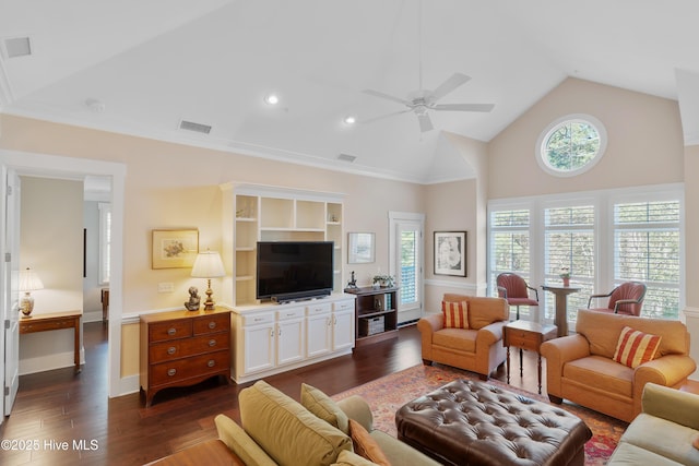 2537 St James Dr SE Apt 1003, Southport, NC 28461 - living room featuring visible vents, high vaulted ceiling, ceiling fan, and dark wood-style flooring