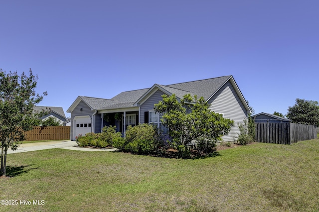 single story home with fence, a shingled roof, a garage, a front yard, and concrete driveway