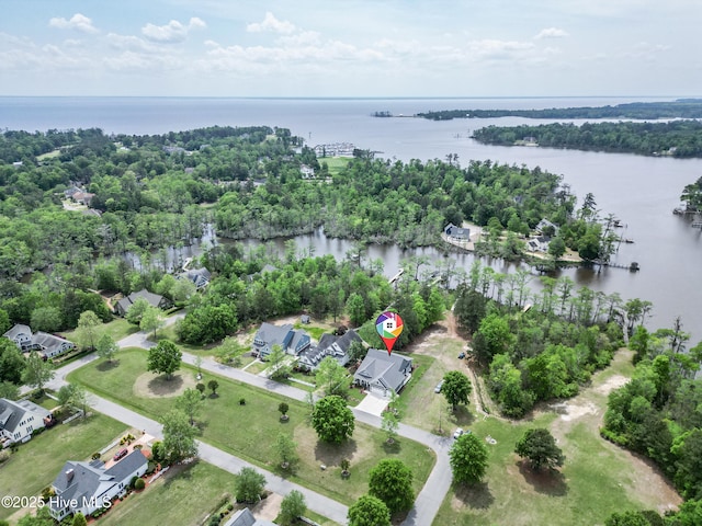 birds eye view of property featuring a residential view and a water view