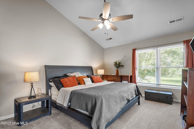 508 Commons Way, Wilmington, NC 28409 - carpeted bedroom featuring high vaulted ceiling and ceiling fan