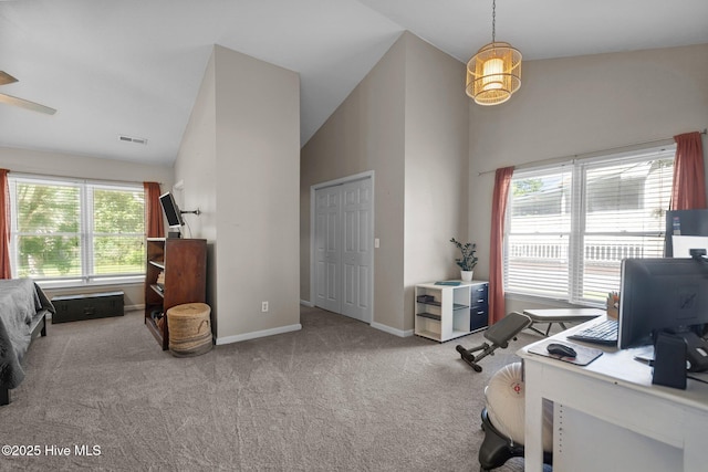 508 Commons Way, Wilmington, NC 28409 - office featuring carpet floors, high vaulted ceiling, and ceiling fan