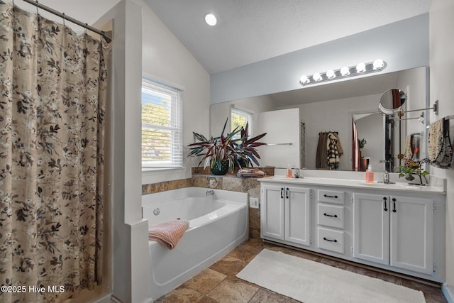 508 Commons Way, Wilmington, NC 28409 - bathroom featuring lofted ceiling, a bath, double vanity, and a shower with shower curtain